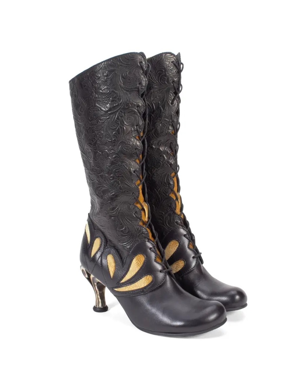 John Fluevog Starlight Parallax Black and Gold Lace-Up Embossed Mid-Calf Boots
